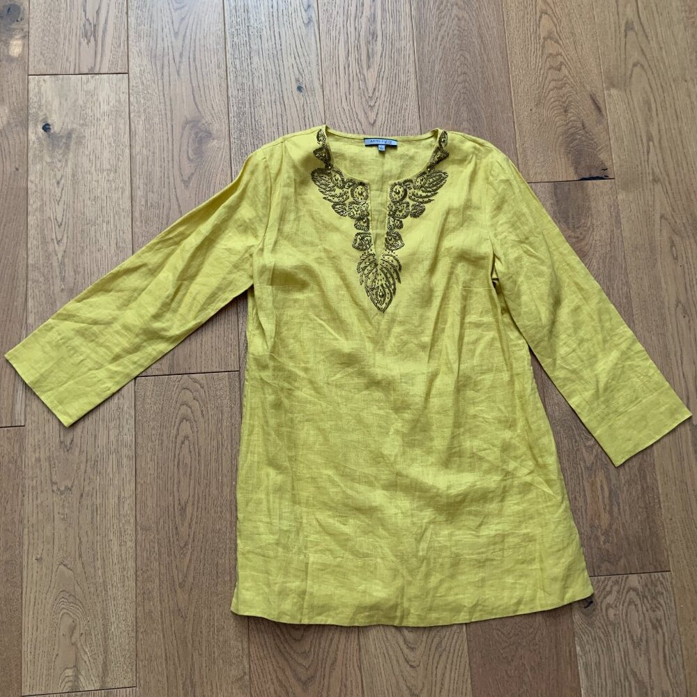 Women's Anne Klein V-Neck Linen 3/4 Sleeve Tunic Top Mustard Sequin Size S